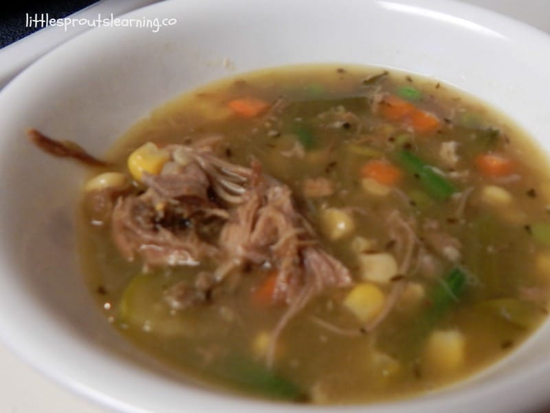 bowl of leftover pork roast and vegetable soup