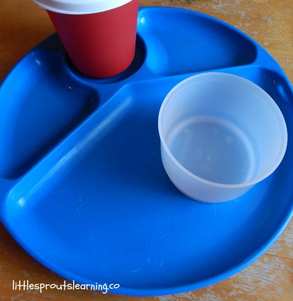 blue plastic plate with red cup and snack cup, portion sizes for kids