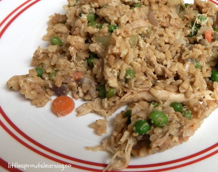 chicken and rice on a plate with peas and carrots showing