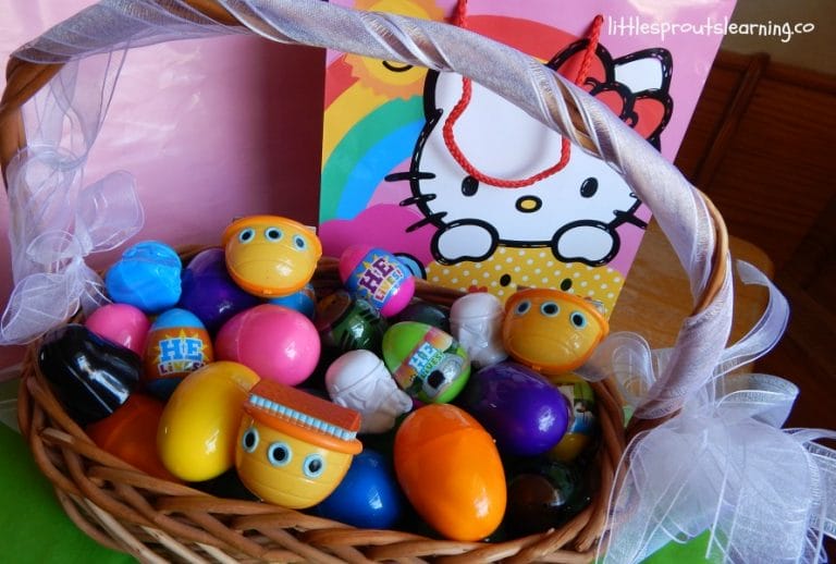 Easter basket filled with colorful plastic eggs