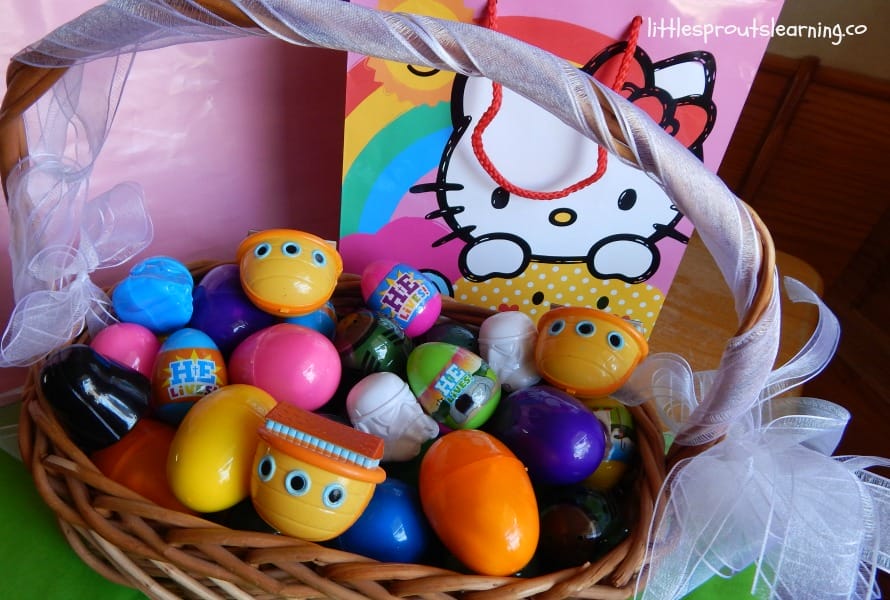 Easter basket filled with colorful plastic eggs