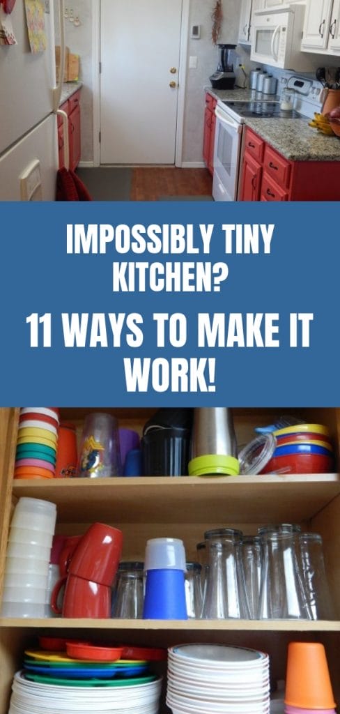 tiny kitchen pictures, one from end to end and the other inside a small cabinet.