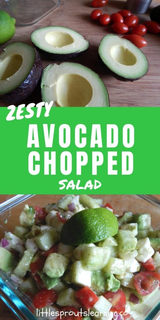 avocados and tomatoes on a board and a zesty avocado chopped salad in a bowl