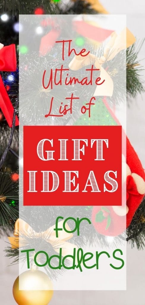 christmas tree with decorations and print that says gift ideas for toddlers