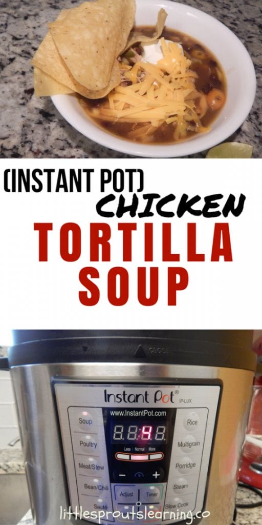 Chicken Tortilla Soup in a bowl on the counter topped with cheese and sour cream and chips, bottom picture is an instant pot
