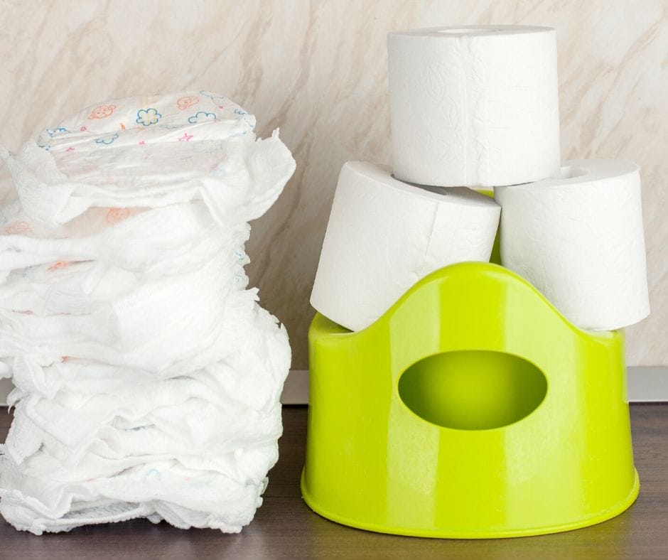supplies for potty training, diapers, toilet paper, potty seat