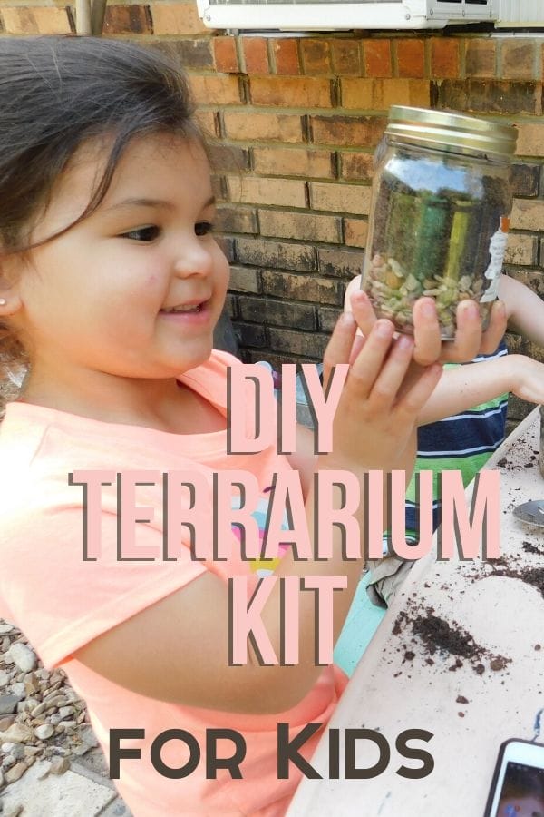 Little Girl looking at her diy terrarium with succulents