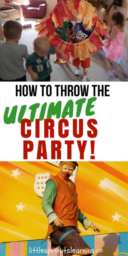 kids playing circus party with stuffed animals and a "ring of fire" made with a hula hoop and some tissue paper and a clown
