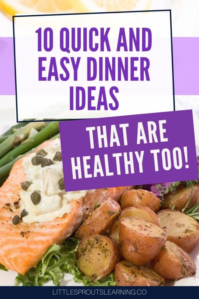 plate with salmon, potatoes, asparagus and topped with butter sauce and capers for an easy dinner idea that is healthy too