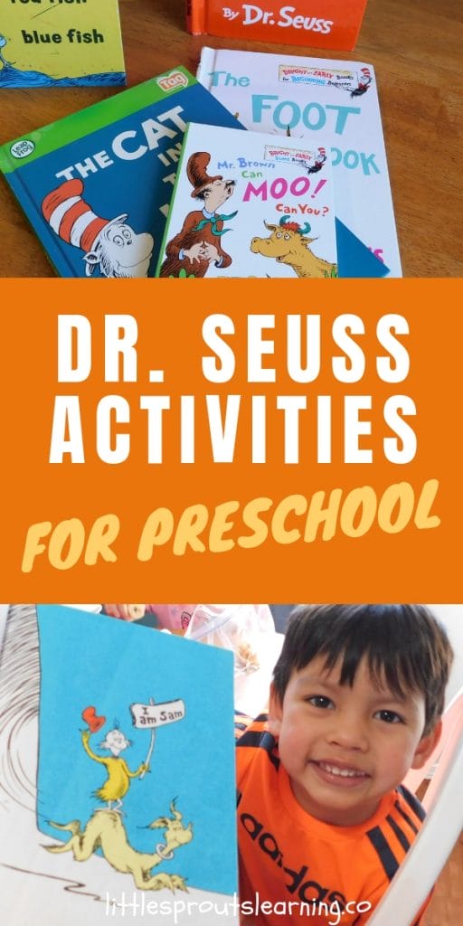 Dr. Seuss books and a child reading one