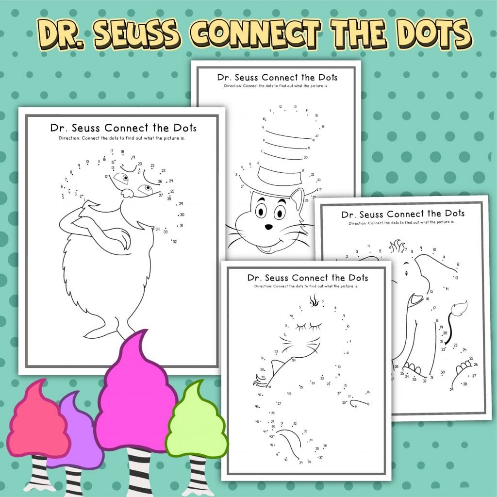 Dr seuss printable dot to dot sheets arranged on a blue background