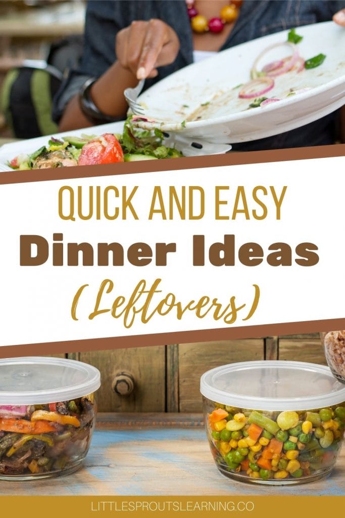 scraping leftovers into a container and containers of leftovers on the counter top