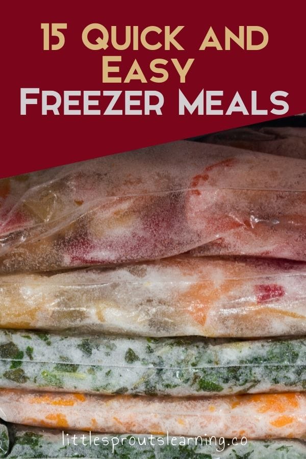 stacks of frozen dinner preps in ziplock bags in the freezer