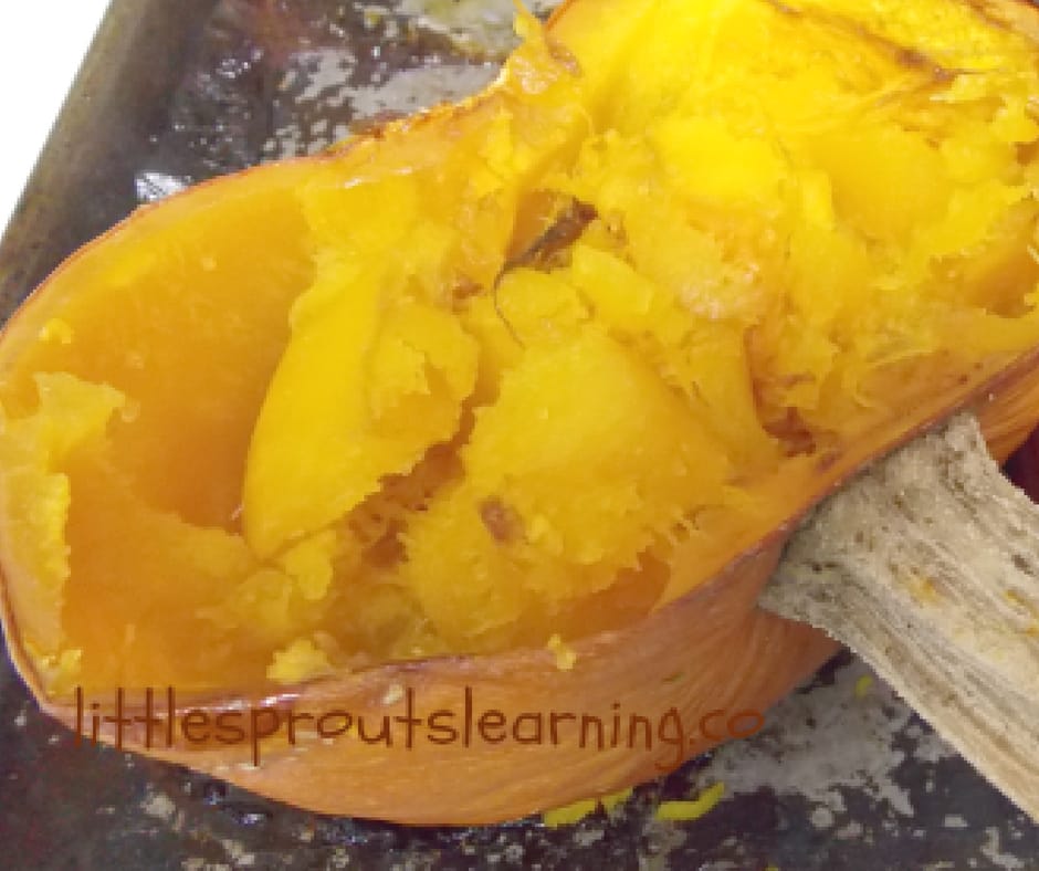 roasted pumpkin straight from the oven on a cookie sheet