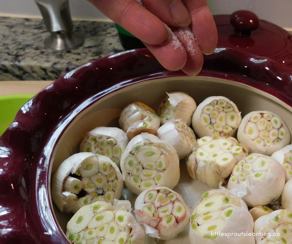 Sprinkling salt on a pan full of garlic cut for roasting.