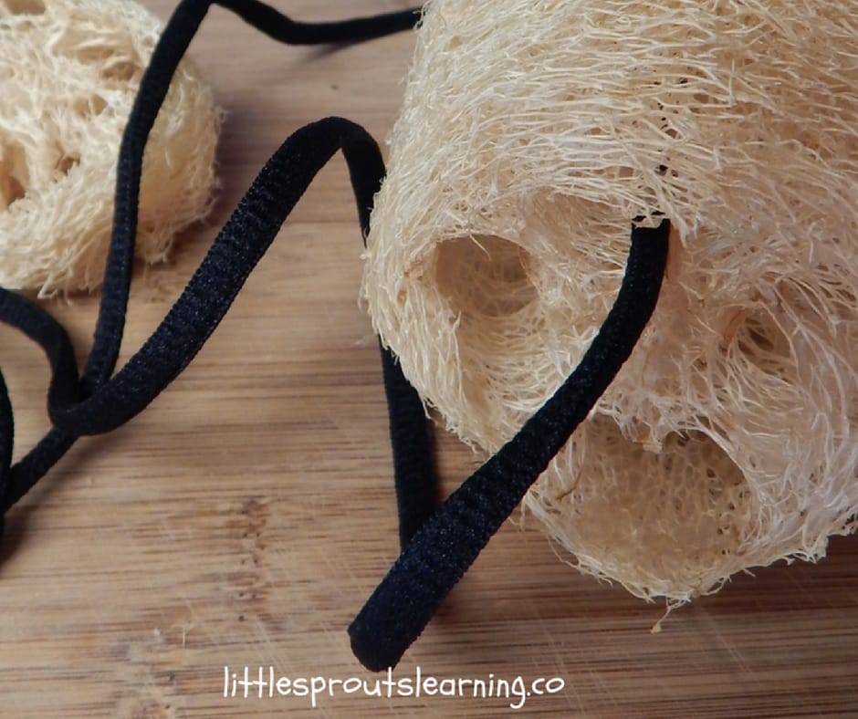 Close-up of a sanitized loofah sponge with a black shoelace threaded through it, resting on a wooden surface.