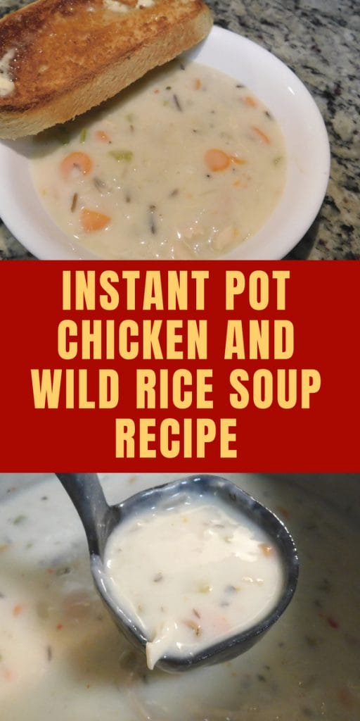Panera Copycat Instant Pot Chicken and Wild Rice Soup in a bowl and a pot scooping out a ladle full.