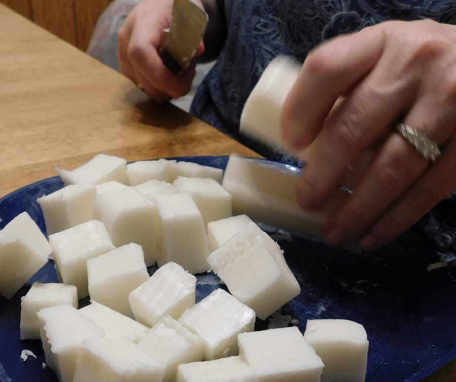 Cutting soap base to melt for processing