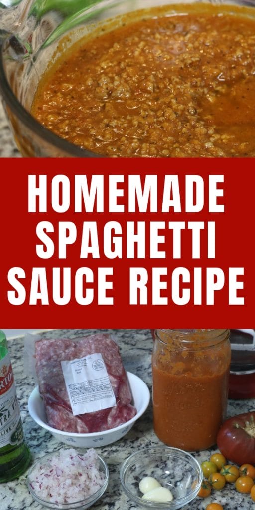 Homemade spaghetti sauce in a glass bowl and ingredients for it on the counter