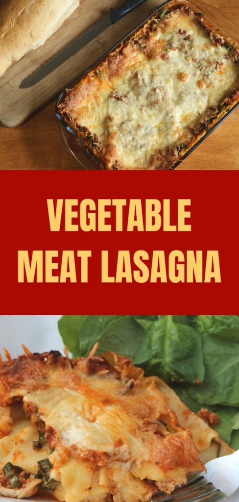 Vegetable Meat Lasagna in a pan and a slice cut out on a plate
