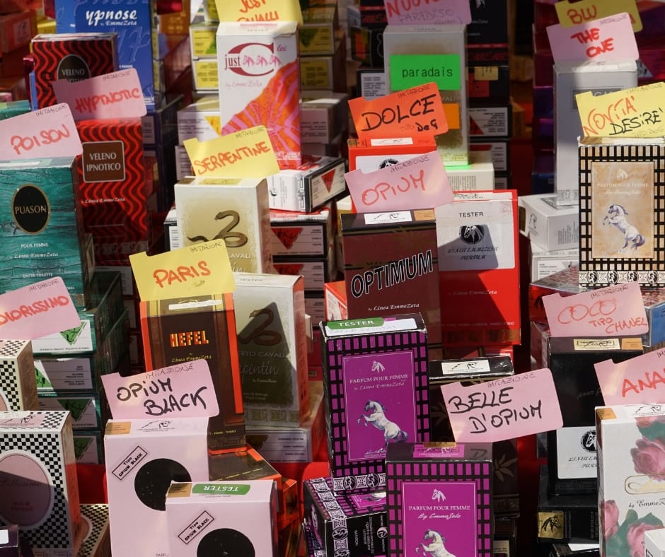 table full of perfumes