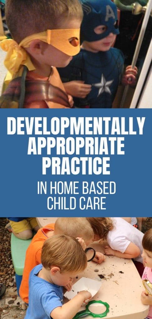 kids dressed up like superheroes in a home daycare and kids exploring compost with magnifying glasses.