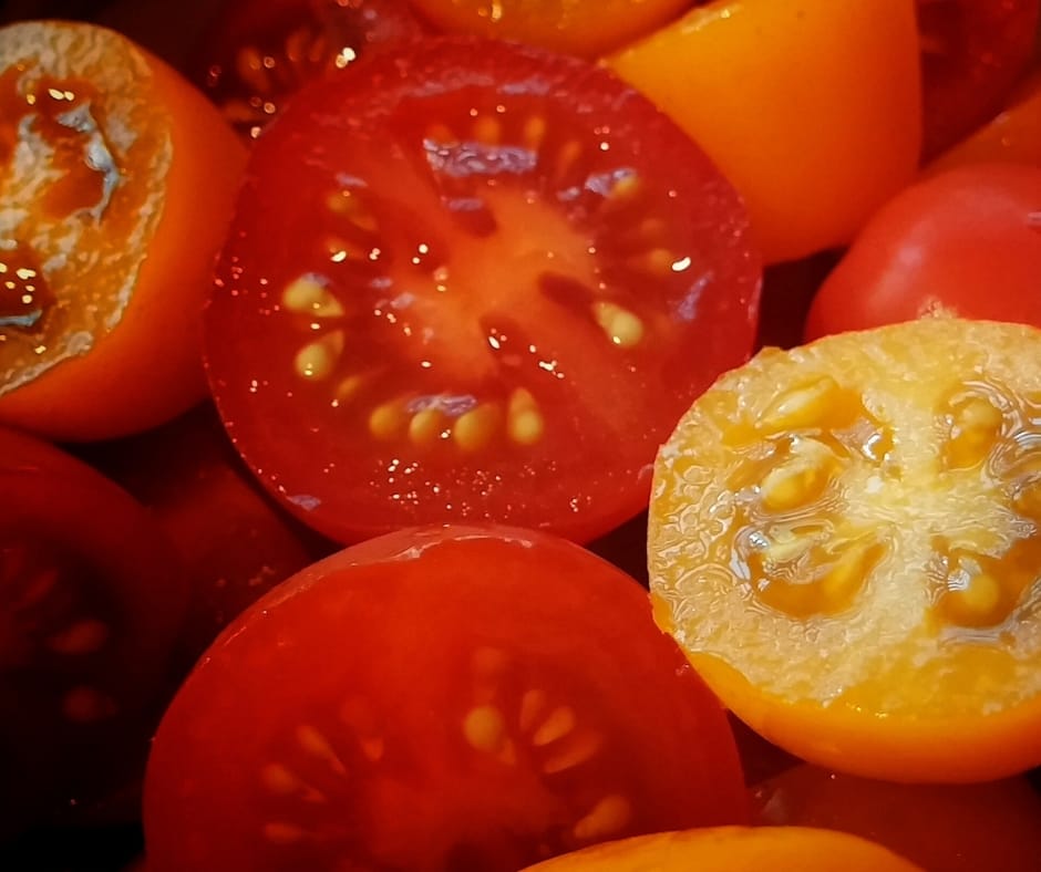 cherry tomatoes cut in half, dried cherry tomatoes