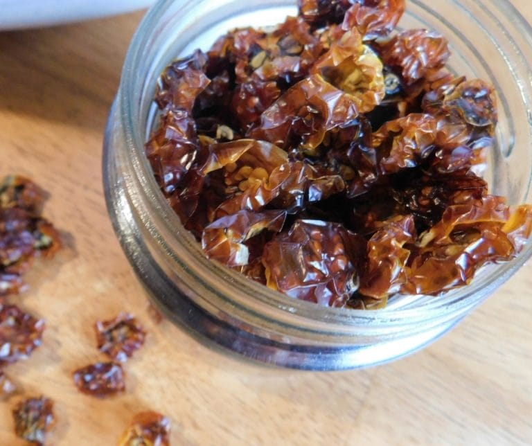 Dried cherry tomatoes are ridiculously delicious and chewy like raisins. Imagine a raisin that was bursting with amazing savory flavor.