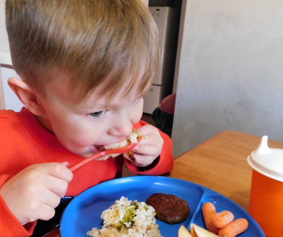 child eating at table in daycare, eating healthy food