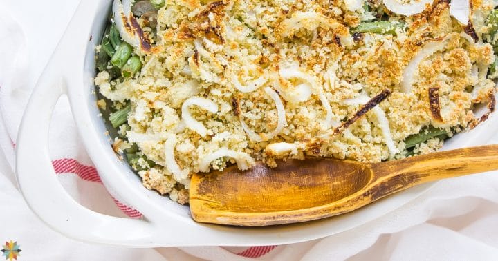 Green bean casserole with a spoon
