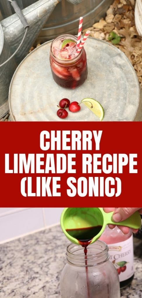 cherry limeade in a mason jar with cherries and lime wedges and some paper straws and a measuring cup pouring cherry juice into a jar