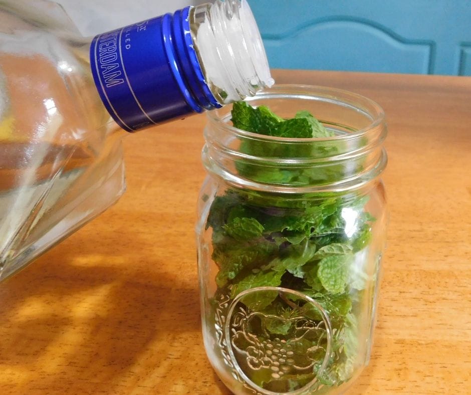 fresh spearmint in a mason jar and vodka pouring in to make mint extract.