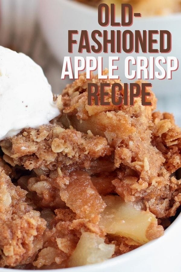 old fashioned apple crisp serving on a plate with a scoop of ice cream