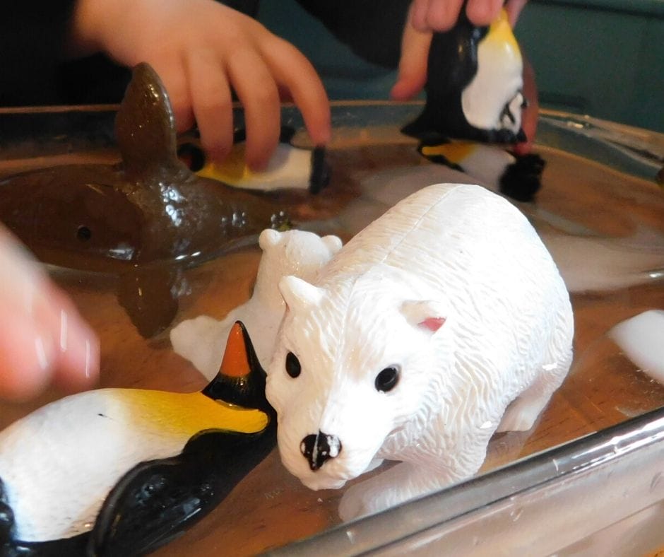 plastic polar animals in ice water