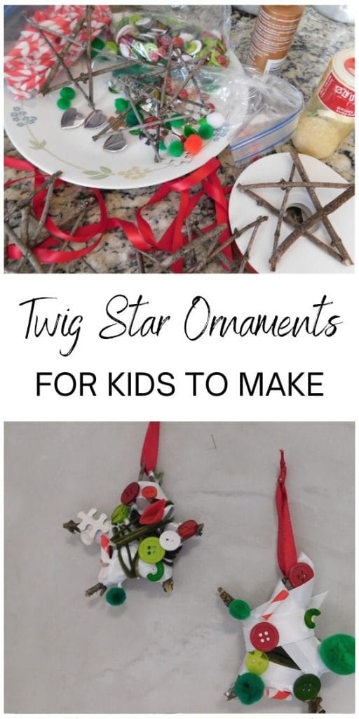 Twigs, glitter, ribbon, pom poms, plastic jewels, puzzle pieces, buttons and more to make and decorate twig star ornaments that are shown as well.