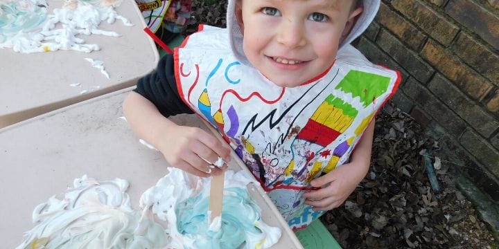 I love activities that use stuff I already have around the house. This shaving cream paint process art was a huge success and easy to do.