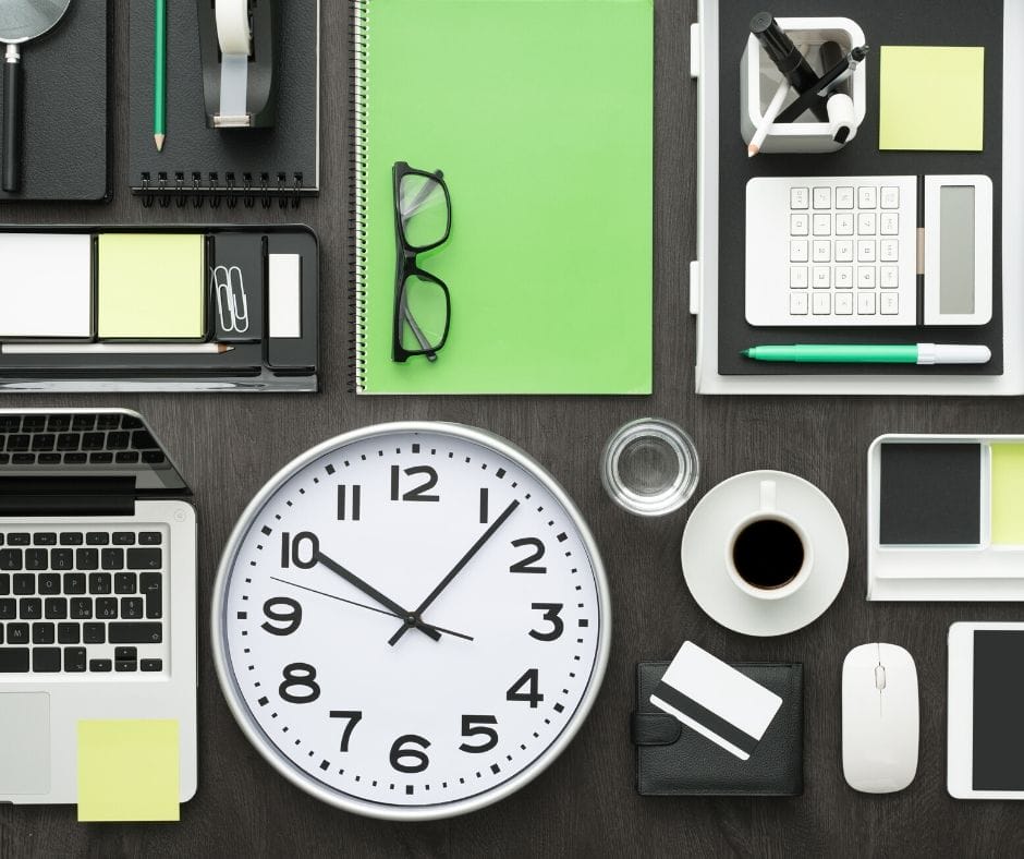 time management tools, clock, computer, coffe, paper, etc