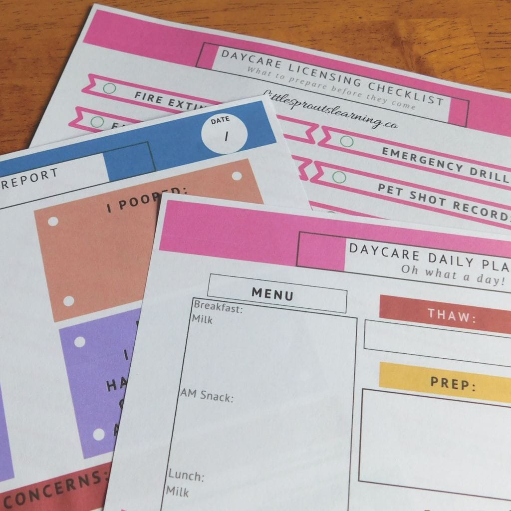Printable sheets for daily home daycare planning, daily reports, licensing visit checklist, menu planners and more.