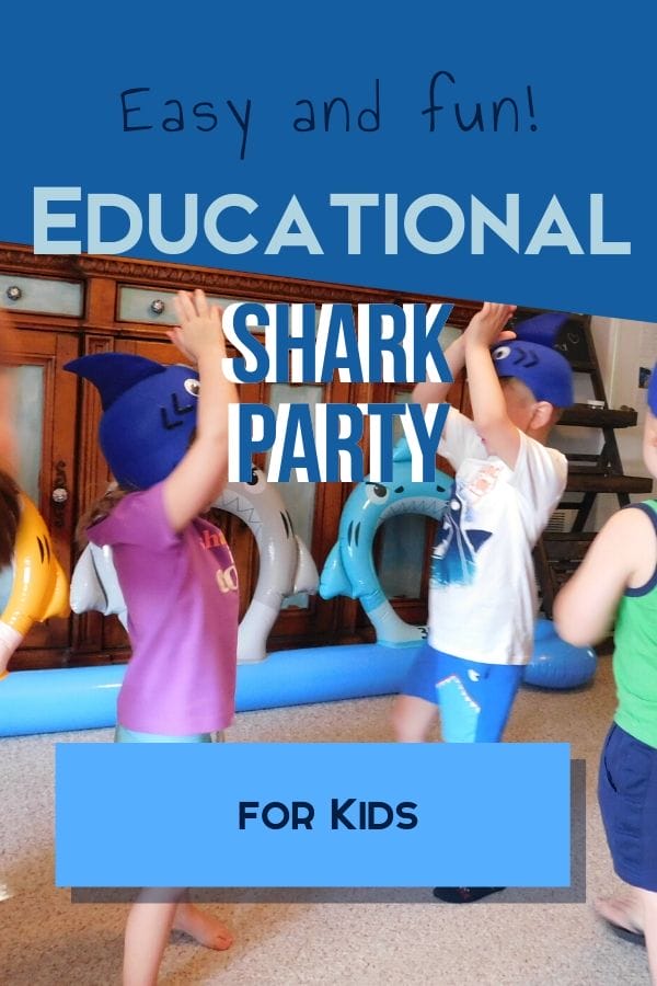 Kids wearing shark hats at a shark party singing baby shark