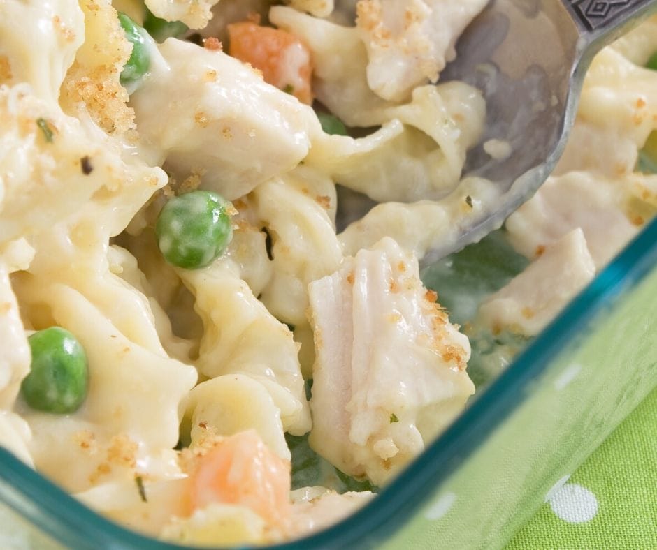 tuna bake for kids with carrots, peas and egg noodles
