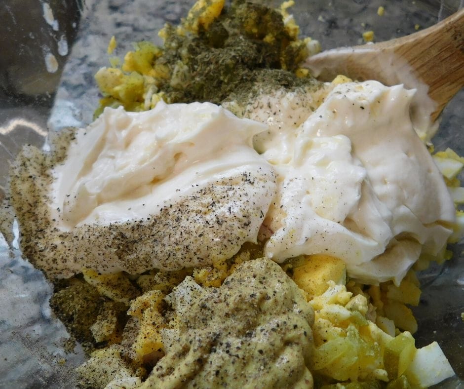tuna salad ingredients in a bowl. 