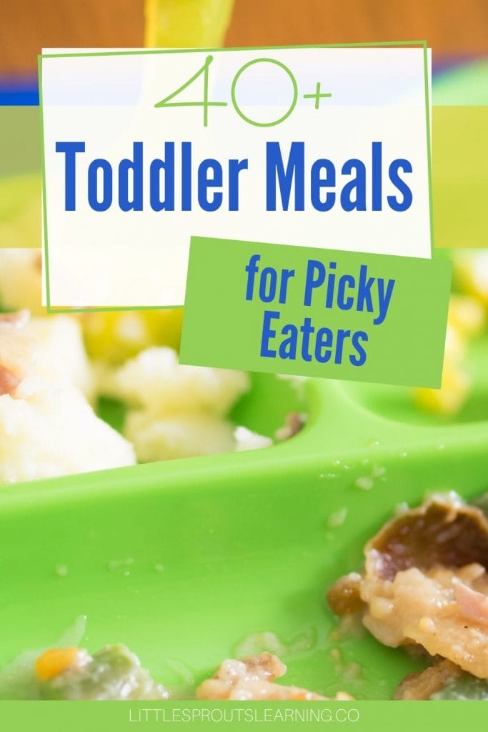 bright green kid plate filled with a few leftover bites of food from a picky toddler-40+ Toddler Meals for Picky Eaters