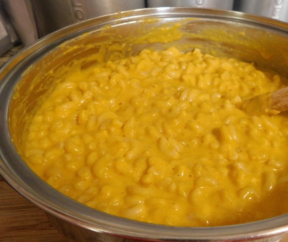 butternut squash mac and cheese for kids in a pan on the counter