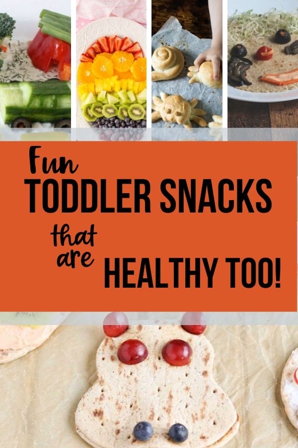a variety of cute and healthy snacks such as a rainbow of fruit or a tortilla with a veggie face on it.