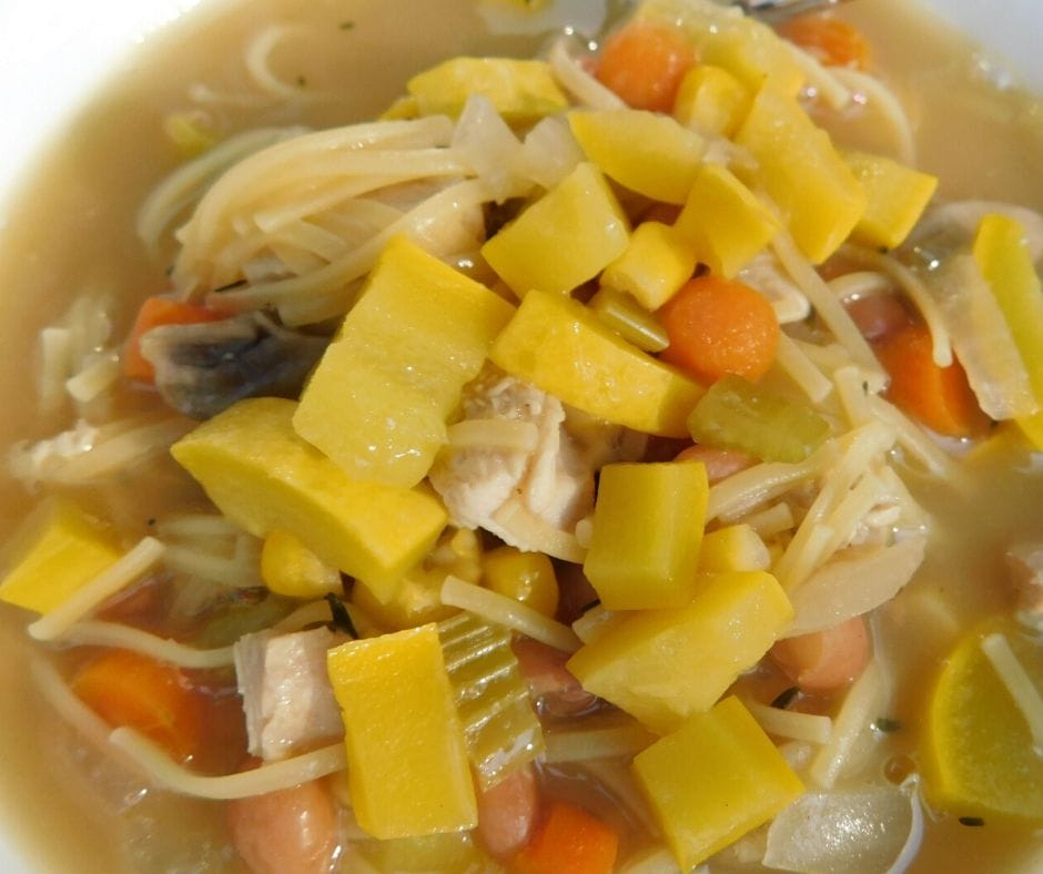summery squash soup with carrots, noodles, chicken, mushrooms, celery and more on the table with a spoon.