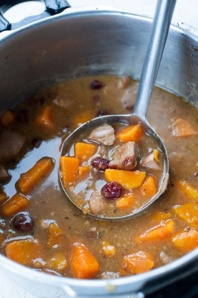 turkey and sweet potato stew with cranberries in a pot with a ladel