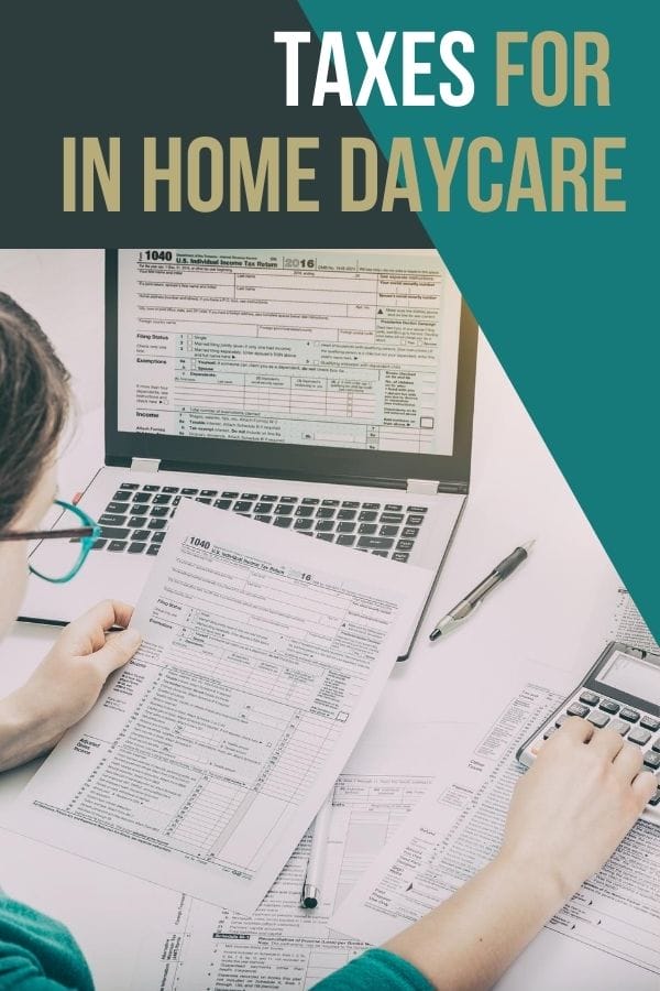 home daycare provider working on taxes with forms, laptop, pen, and calculator