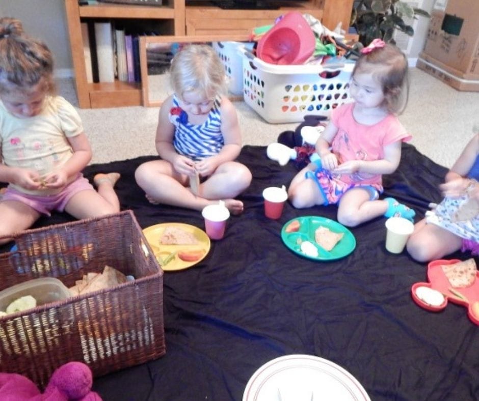 teddy bear picnic with toddlers in the living room