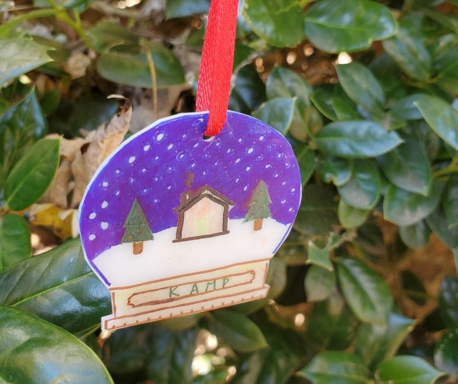 snow globe shrinky dink hanging in tree
