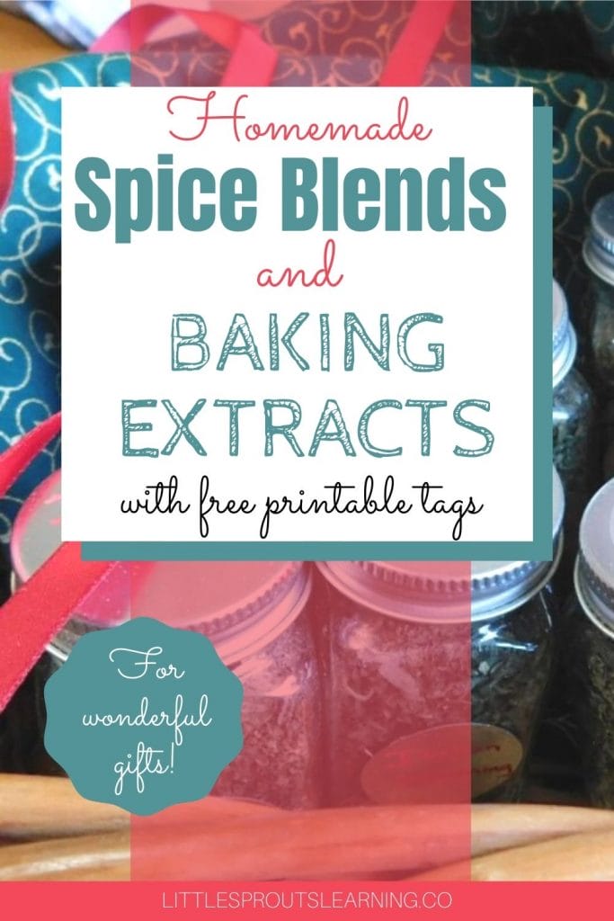 homemade spice blends and baking extracts in jars in a basket